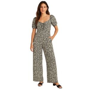 Boden Women Black White Paisley Puff Sleeve Wide Leg Jumpsuit 6P Boho Chic Retro